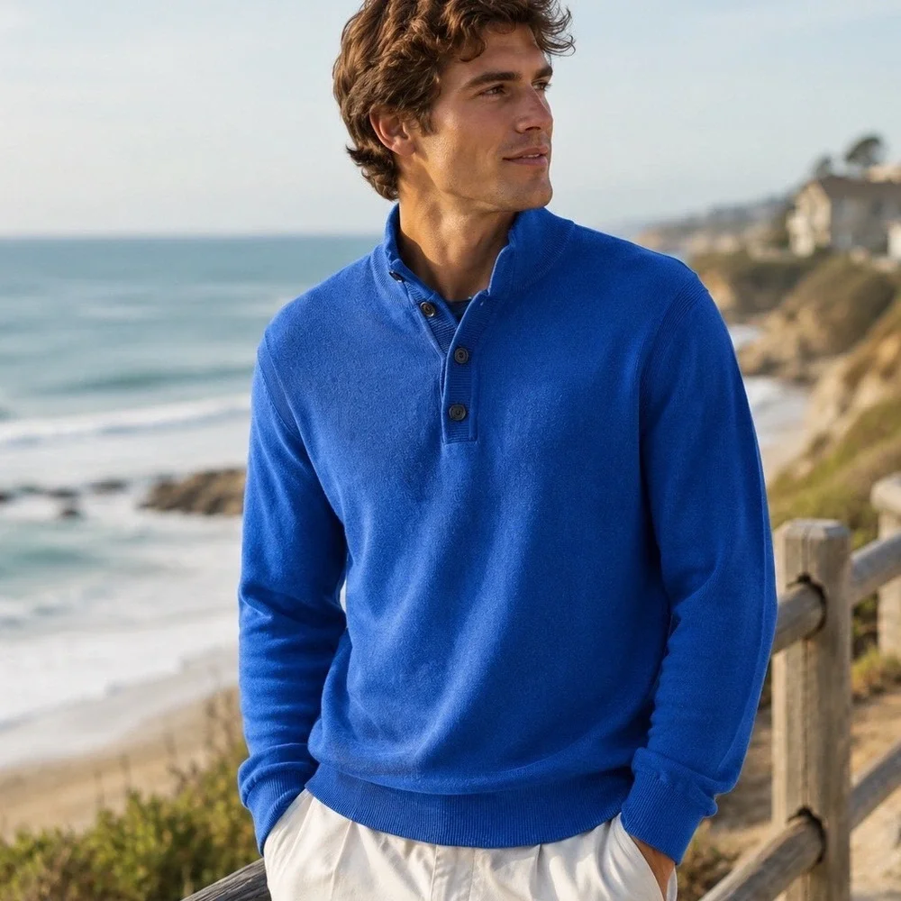 Banana Republic Sweater Mens‎ M Blue Cotton Cashmere Mock Neck Button Pullover